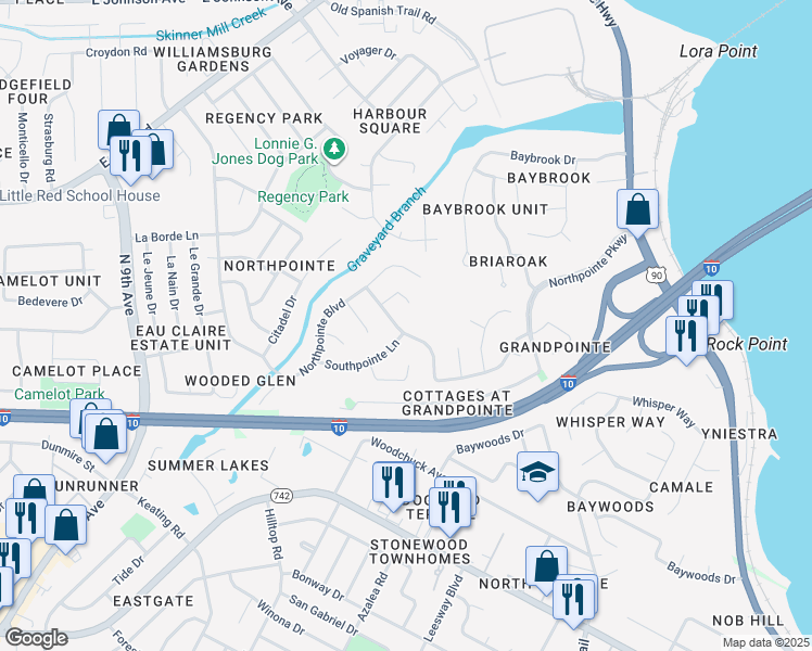 map of restaurants, bars, coffee shops, grocery stores, and more near 7482 Northpointe Boulevard in Pensacola