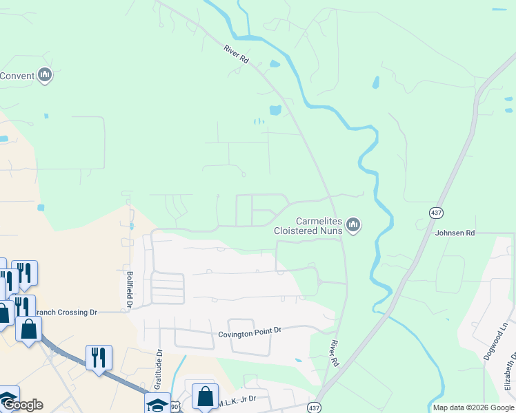 map of restaurants, bars, coffee shops, grocery stores, and more near 425 Pinewood Drive in Covington