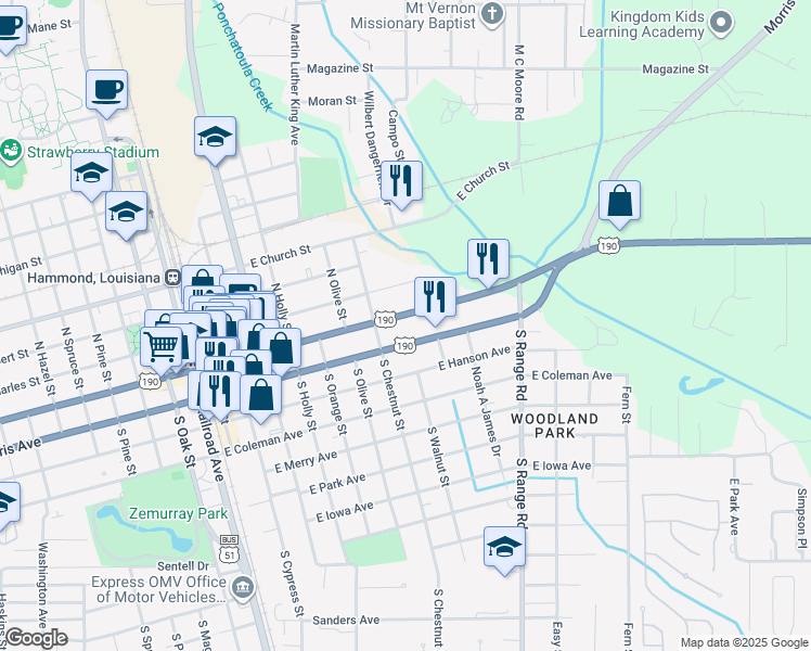 map of restaurants, bars, coffee shops, grocery stores, and more near 800 East Thomas Street in Hammond