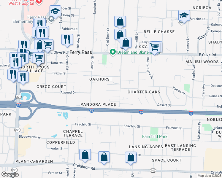 map of restaurants, bars, coffee shops, grocery stores, and more near 7702 Kipling Street in Pensacola