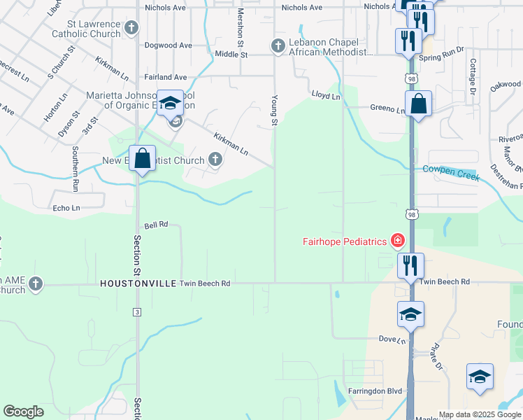 map of restaurants, bars, coffee shops, grocery stores, and more near 19273 Young Street in Fairhope