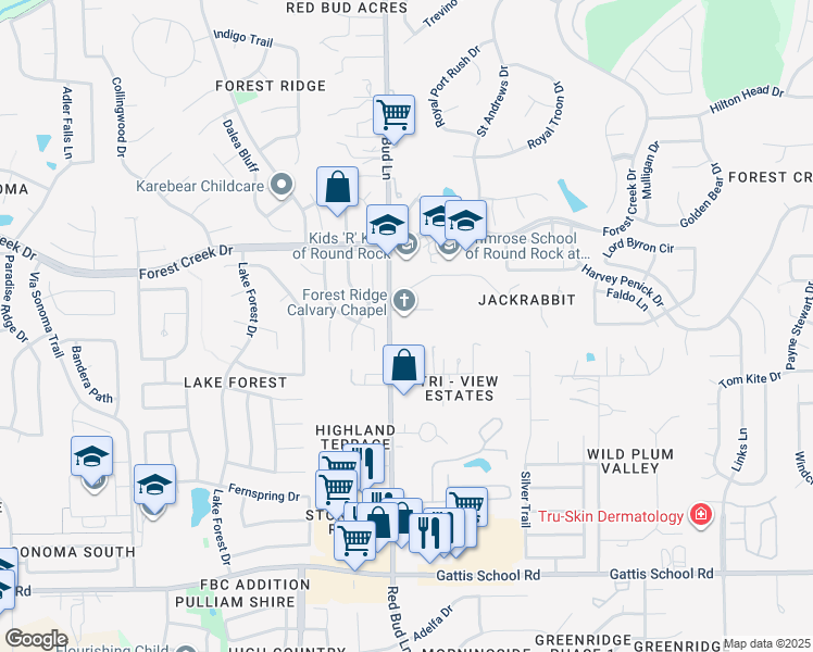 map of restaurants, bars, coffee shops, grocery stores, and more near 1551 Red Bud Lane in Round Rock