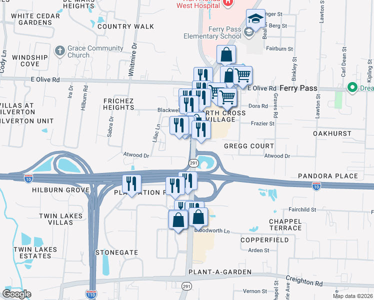 map of restaurants, bars, coffee shops, grocery stores, and more near 7753 North Davis Highway in Pensacola
