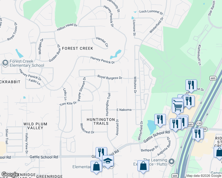 map of restaurants, bars, coffee shops, grocery stores, and more near 101 Silver Oak Drive in Round Rock