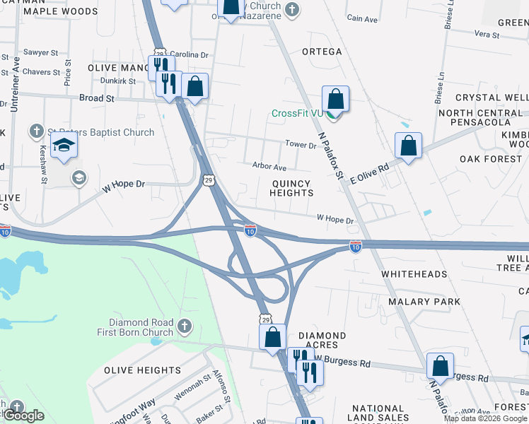 map of restaurants, bars, coffee shops, grocery stores, and more near 300 West Hope Drive in Pensacola