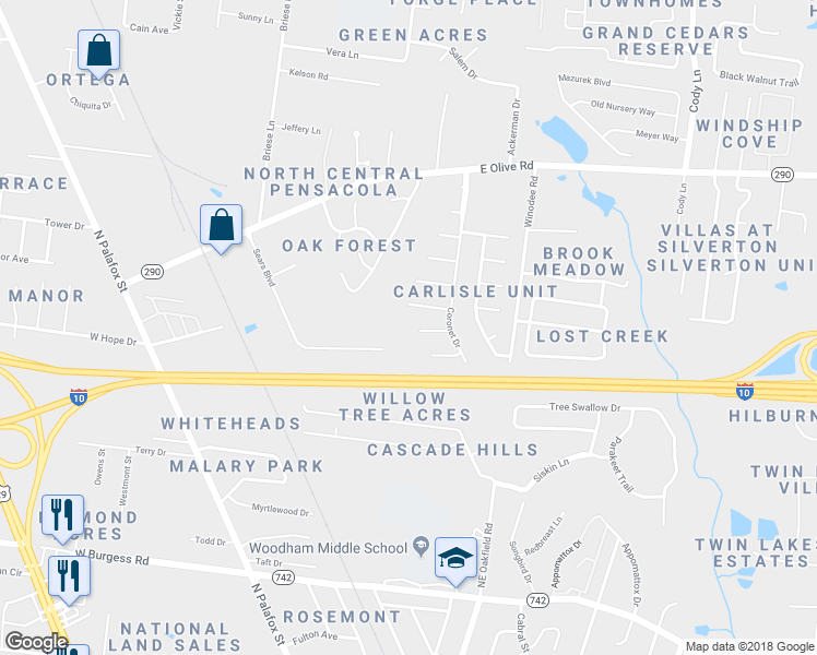 map of restaurants, bars, coffee shops, grocery stores, and more near 400 Cornwall Circle in Pensacola