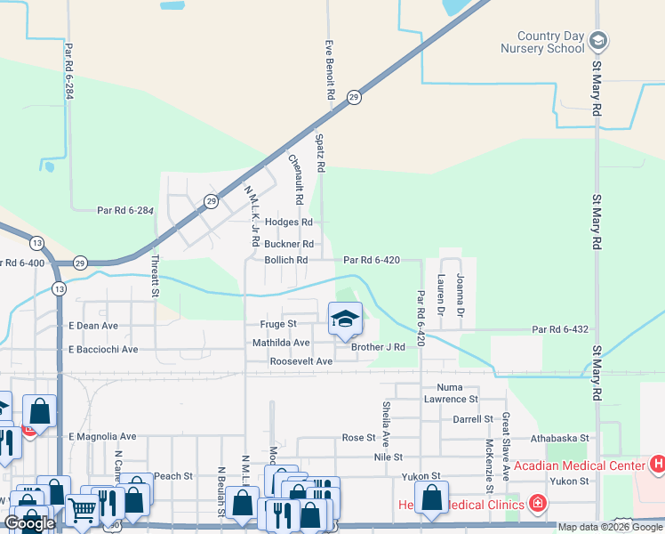 map of restaurants, bars, coffee shops, grocery stores, and more near 224 Bollich Road in Eunice