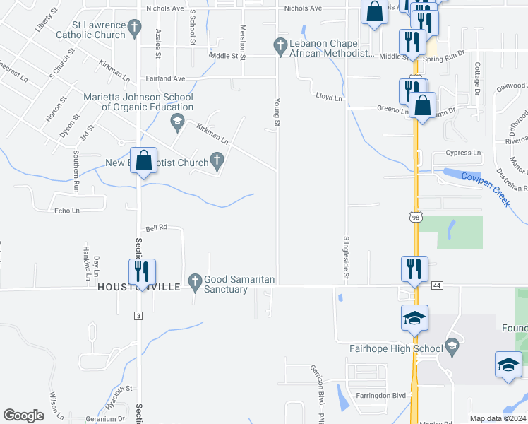 map of restaurants, bars, coffee shops, grocery stores, and more near 19273 Young Street in Fairhope