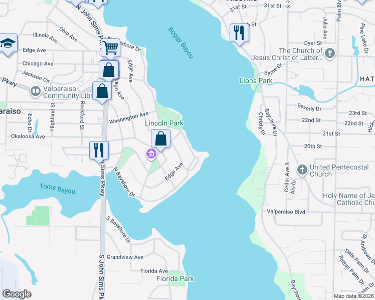 map of restaurants, bars, coffee shops, grocery stores, and more near 1195 North Bayshore Drive in Valparaiso