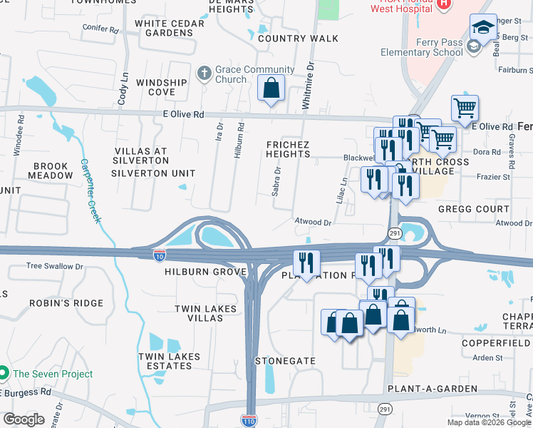 map of restaurants, bars, coffee shops, grocery stores, and more near 7715 Sabra Drive in Pensacola