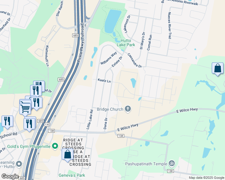 map of restaurants, bars, coffee shops, grocery stores, and more near 230 Dana Drive in Hutto