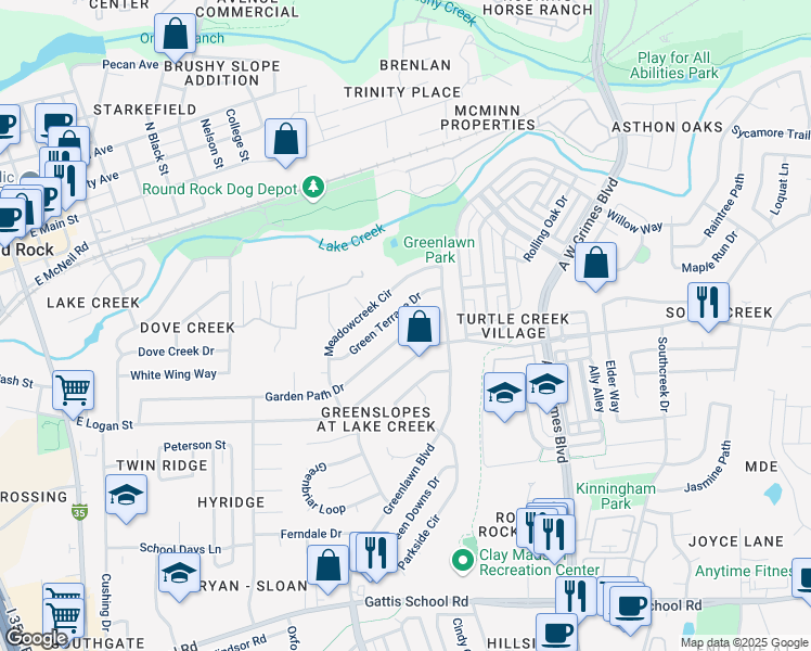 map of restaurants, bars, coffee shops, grocery stores, and more near 1402 Garden Path Drive in Round Rock