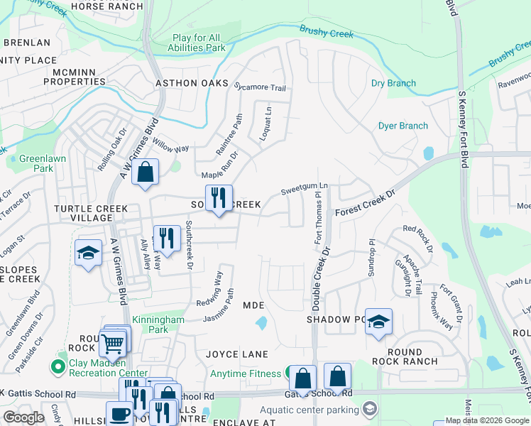 map of restaurants, bars, coffee shops, grocery stores, and more near 601 Sweetgum Lane in Round Rock