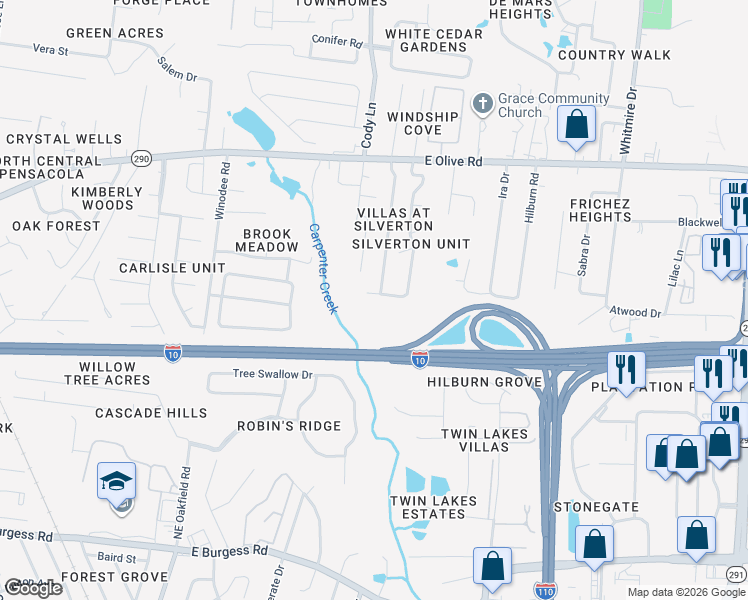 map of restaurants, bars, coffee shops, grocery stores, and more near 7822 Heirloom Drive in Pensacola