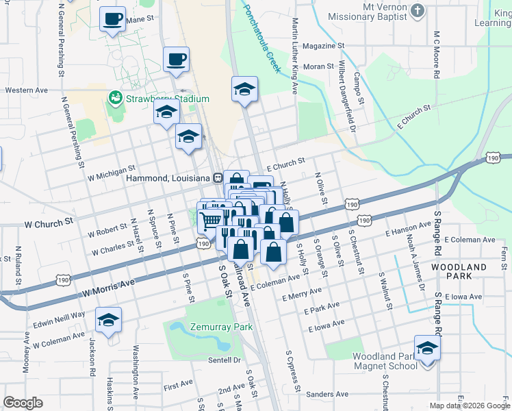 map of restaurants, bars, coffee shops, grocery stores, and more near 222 East Charles Street in Hammond