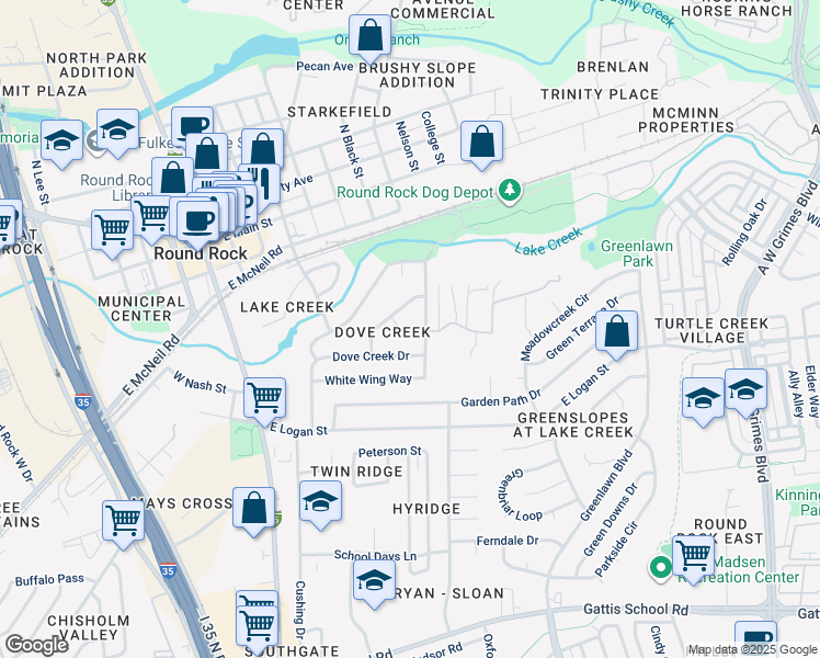 map of restaurants, bars, coffee shops, grocery stores, and more near 505 Quail Creek Circle in Round Rock