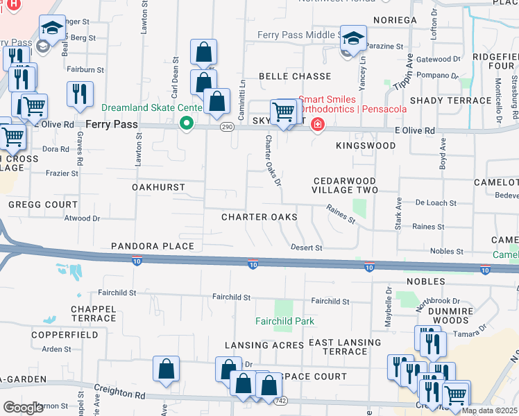 map of restaurants, bars, coffee shops, grocery stores, and more near 2921 Raines Street in Pensacola