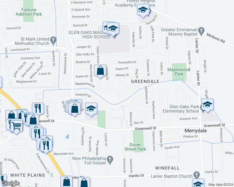 map of restaurants, bars, coffee shops, grocery stores, and more near 5953 West Fairlane Court in Baton Rouge