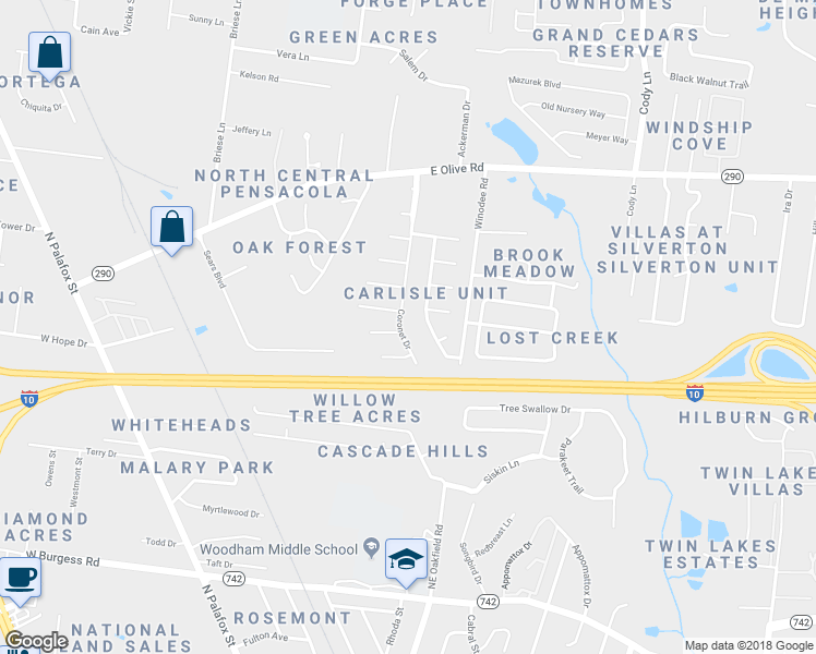 map of restaurants, bars, coffee shops, grocery stores, and more near 7722 Coronet Drive in Pensacola