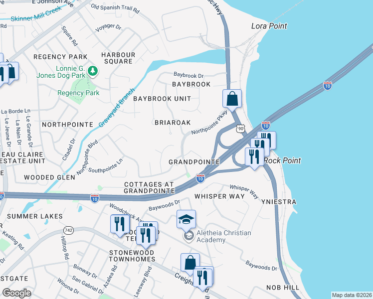 map of restaurants, bars, coffee shops, grocery stores, and more near 4304 Grandpointe Place in Pensacola