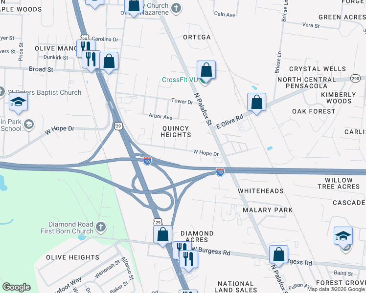 map of restaurants, bars, coffee shops, grocery stores, and more near 200 West Hope Drive in Pensacola