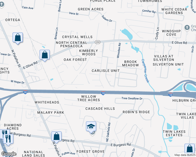 map of restaurants, bars, coffee shops, grocery stores, and more near 7727 Coronet Drive in Pensacola