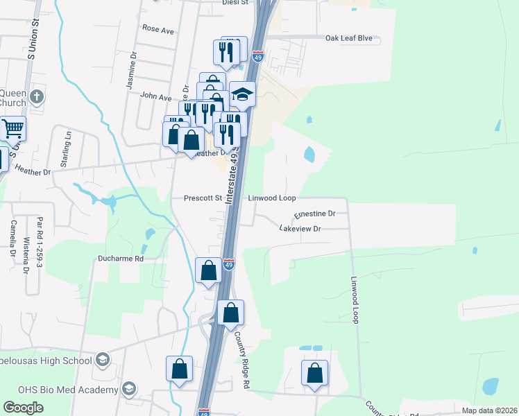 map of restaurants, bars, coffee shops, grocery stores, and more near 2575-2585 Terry Street in Opelousas