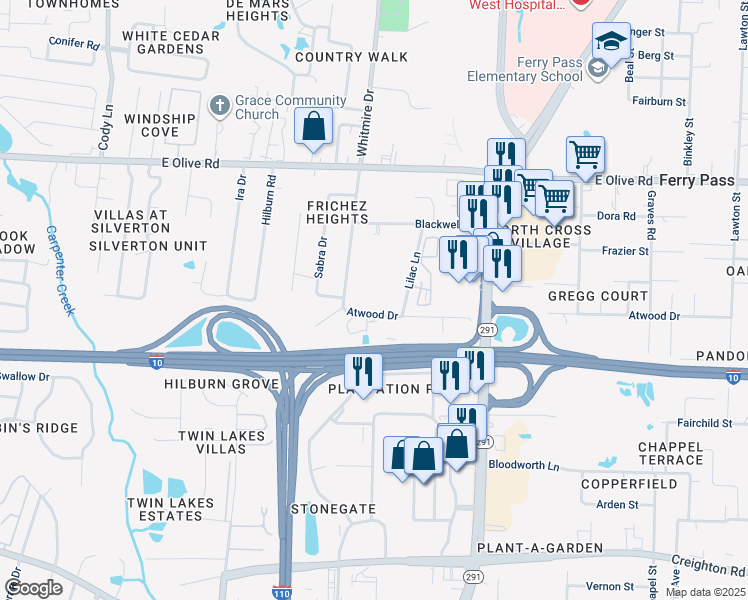 map of restaurants, bars, coffee shops, grocery stores, and more near 1608 Atwood Drive in Pensacola