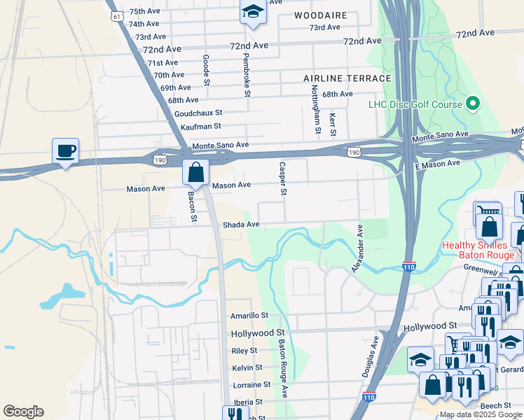 map of restaurants, bars, coffee shops, grocery stores, and more near 2403 Shada Avenue in Baton Rouge