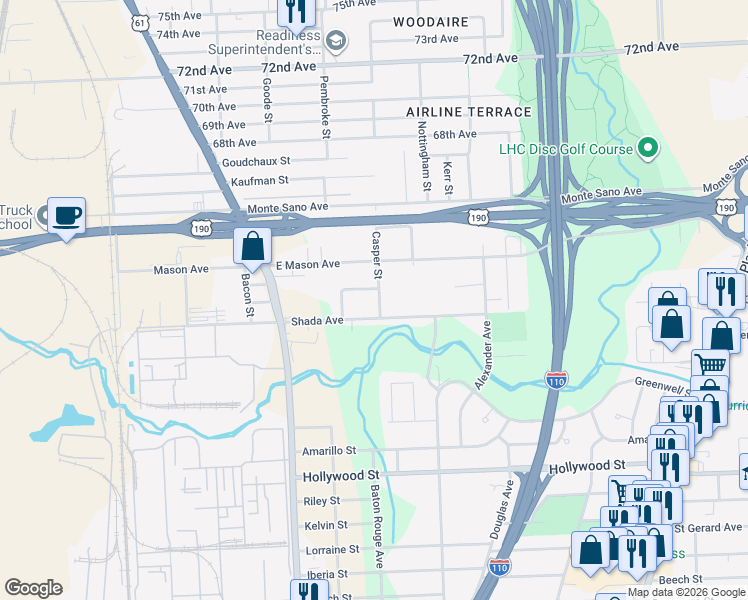 map of restaurants, bars, coffee shops, grocery stores, and more near 2403 Shada Avenue in Baton Rouge