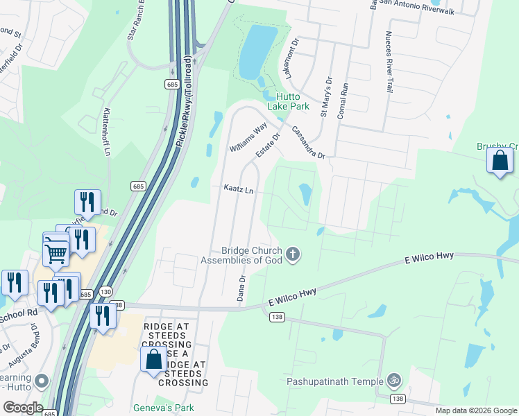 map of restaurants, bars, coffee shops, grocery stores, and more near 230 Dana Drive in Hutto