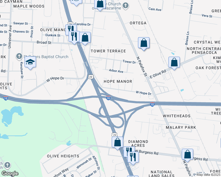 map of restaurants, bars, coffee shops, grocery stores, and more near 300 West Hope Drive in Pensacola