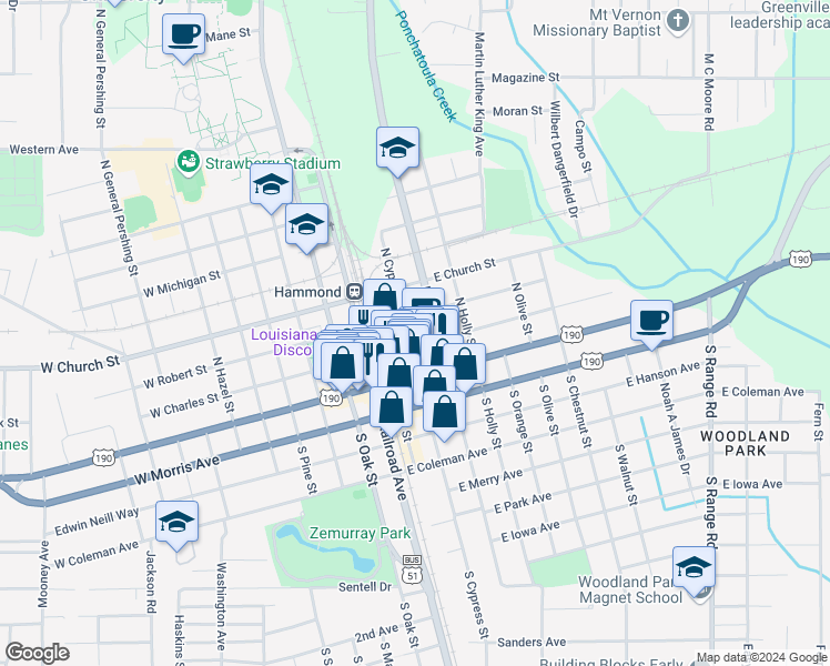 map of restaurants, bars, coffee shops, grocery stores, and more near 109 East Charles Street in Hammond
