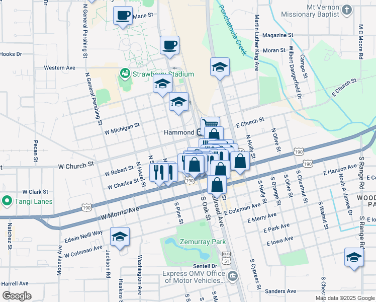 map of restaurants, bars, coffee shops, grocery stores, and more near 210 West Robert Street in Hammond