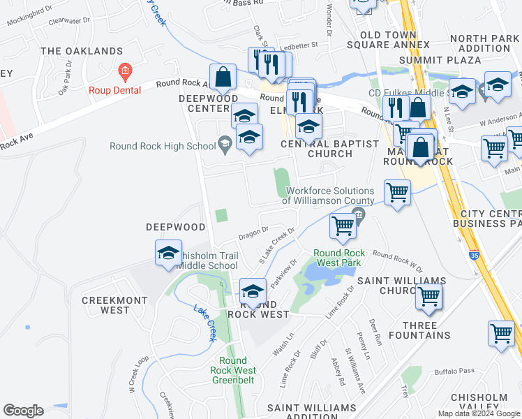 map of restaurants, bars, coffee shops, grocery stores, and more near 1305 Glenda Drive in Round Rock
