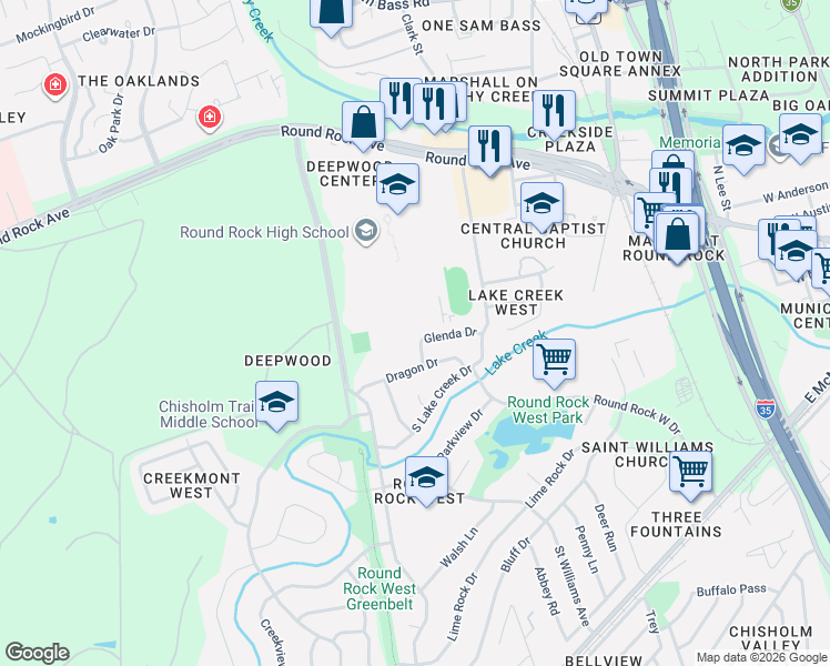 map of restaurants, bars, coffee shops, grocery stores, and more near 1305 Glenda Drive in Round Rock