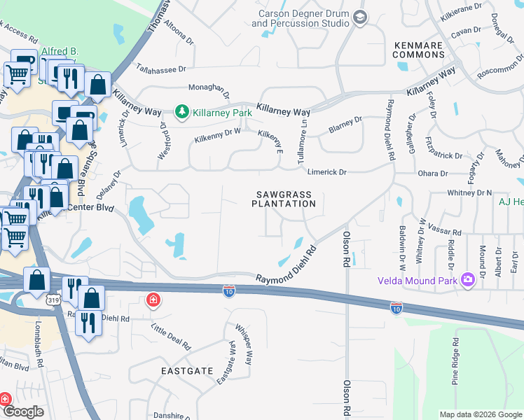 map of restaurants, bars, coffee shops, grocery stores, and more near 3027 Royal Palm Way in Tallahassee