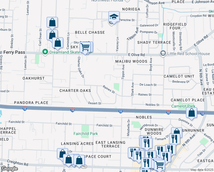 map of restaurants, bars, coffee shops, grocery stores, and more near 3206 Raines Street in Pensacola