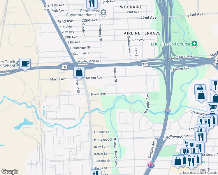 map of restaurants, bars, coffee shops, grocery stores, and more near 2403 Shada Avenue in Baton Rouge
