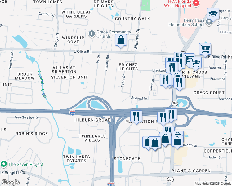 map of restaurants, bars, coffee shops, grocery stores, and more near 7715 Sabra Drive in Pensacola