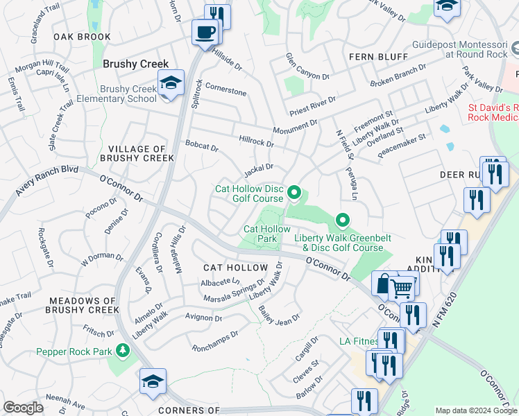 map of restaurants, bars, coffee shops, grocery stores, and more near 16901 Sabertooth Drive in Round Rock