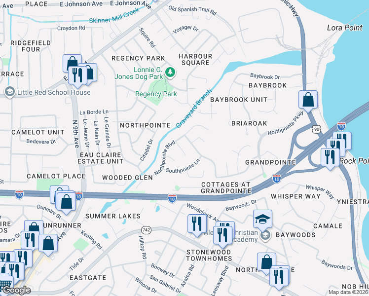 map of restaurants, bars, coffee shops, grocery stores, and more near 4527 Northpointe Place in Pensacola