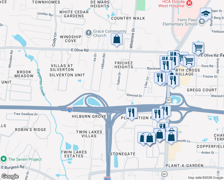 map of restaurants, bars, coffee shops, grocery stores, and more near 7715 Sabra Drive in Pensacola
