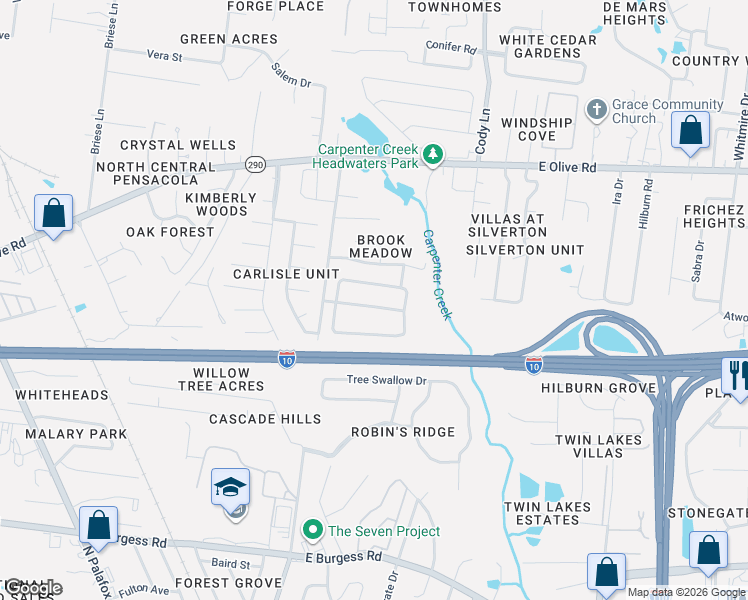 map of restaurants, bars, coffee shops, grocery stores, and more near 727 Forgotten Creek Lane in Pensacola