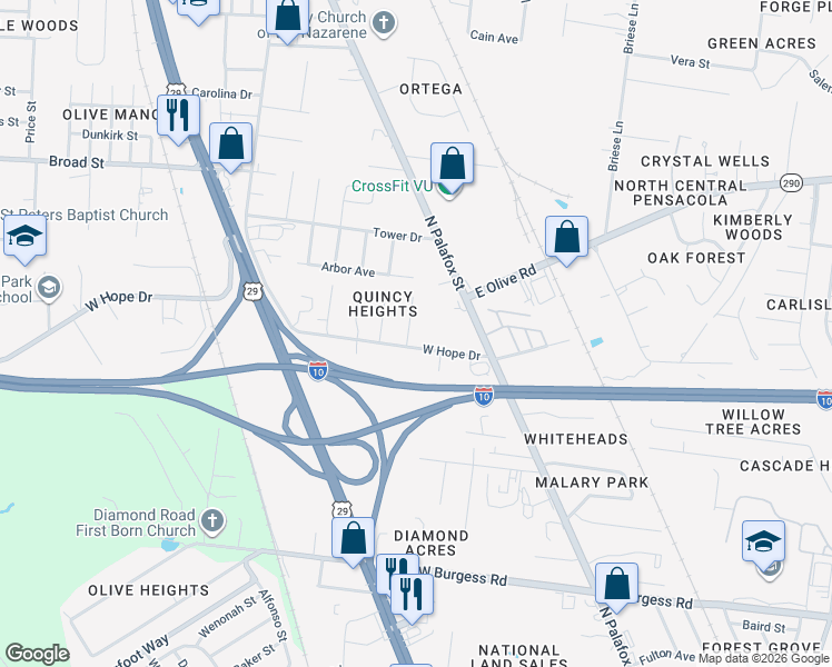 map of restaurants, bars, coffee shops, grocery stores, and more near 200 West Hope Drive in Pensacola
