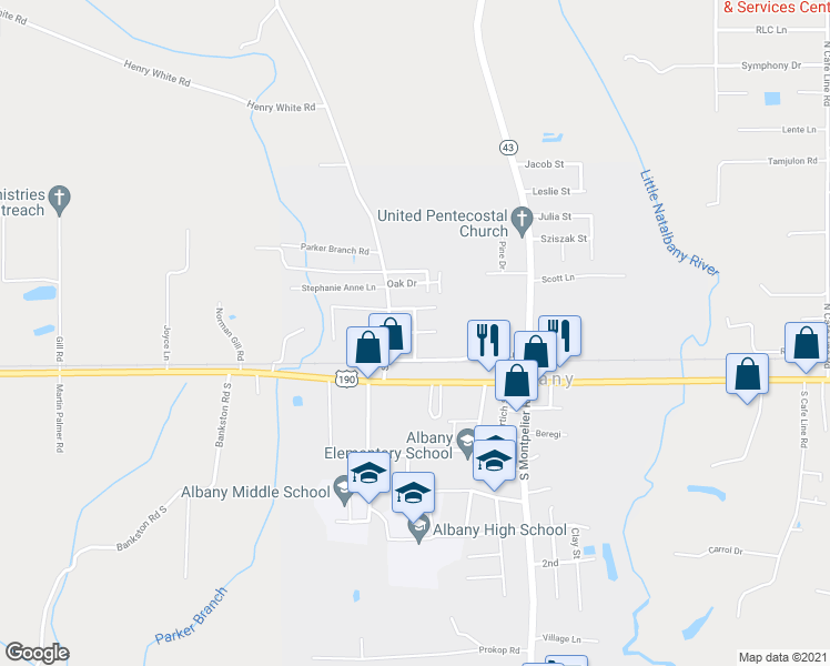 map of restaurants, bars, coffee shops, grocery stores, and more near Atlanta Drive in Albany