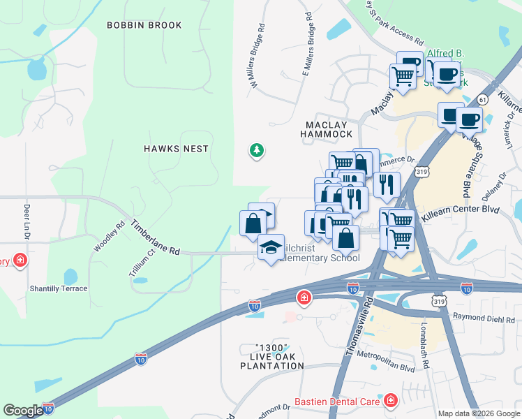 map of restaurants, bars, coffee shops, grocery stores, and more near 2780 Palafox Lane in Tallahassee