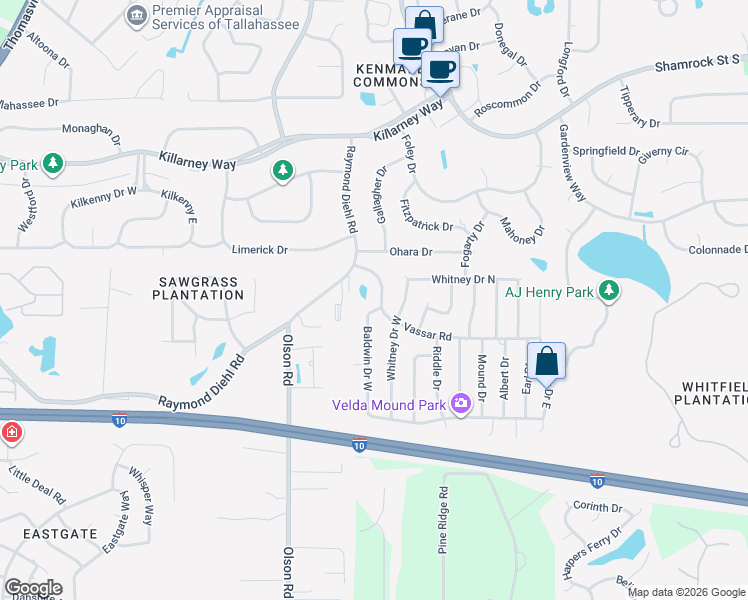 map of restaurants, bars, coffee shops, grocery stores, and more near 3268 Baldwin Drive West in Tallahassee