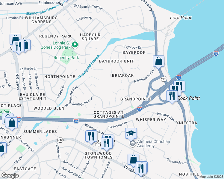 map of restaurants, bars, coffee shops, grocery stores, and more near 7645 Northpointe Drive in Pensacola