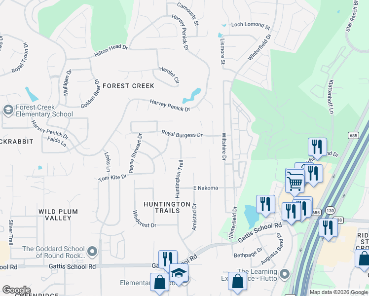 map of restaurants, bars, coffee shops, grocery stores, and more near 101 Silver Oak Drive in Round Rock